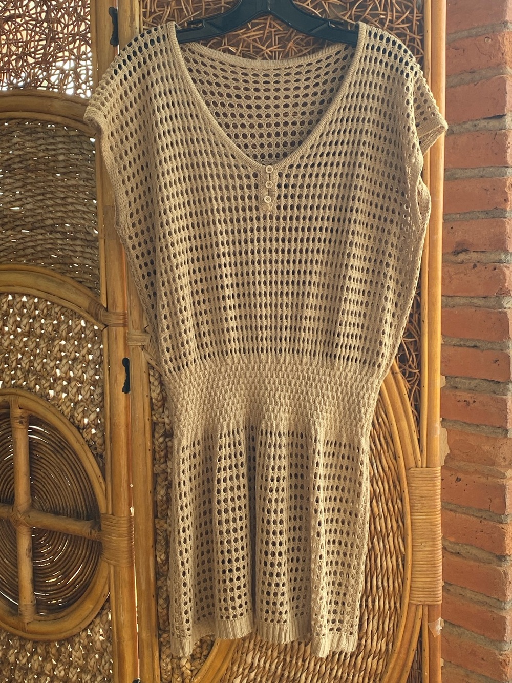 Open-Knit Beige Tunic Dress with Button V-Neck